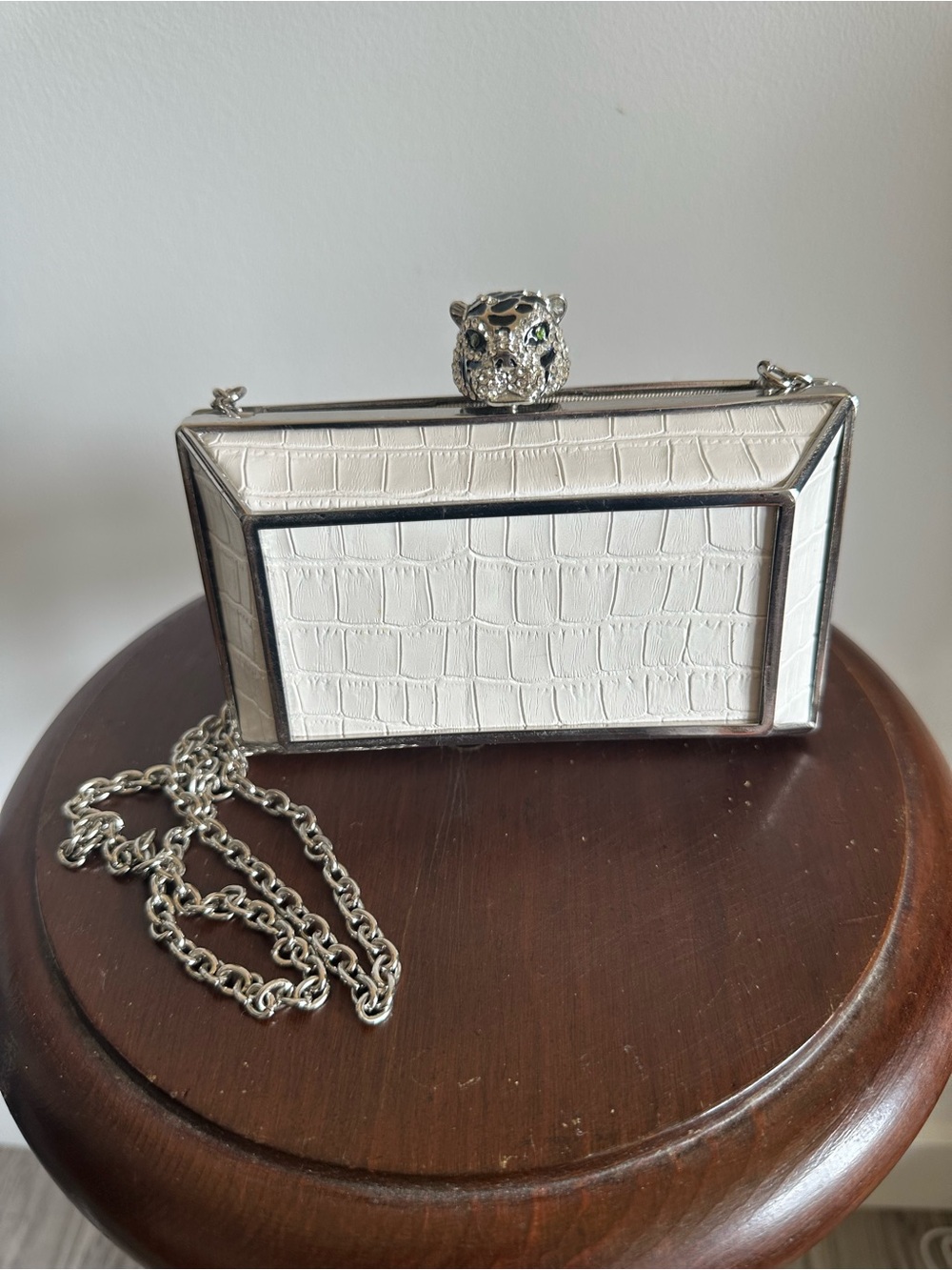 BCBGMaxAzria White Romi Tiger Minaudière Clutch Croc-Embossed Box Clutch